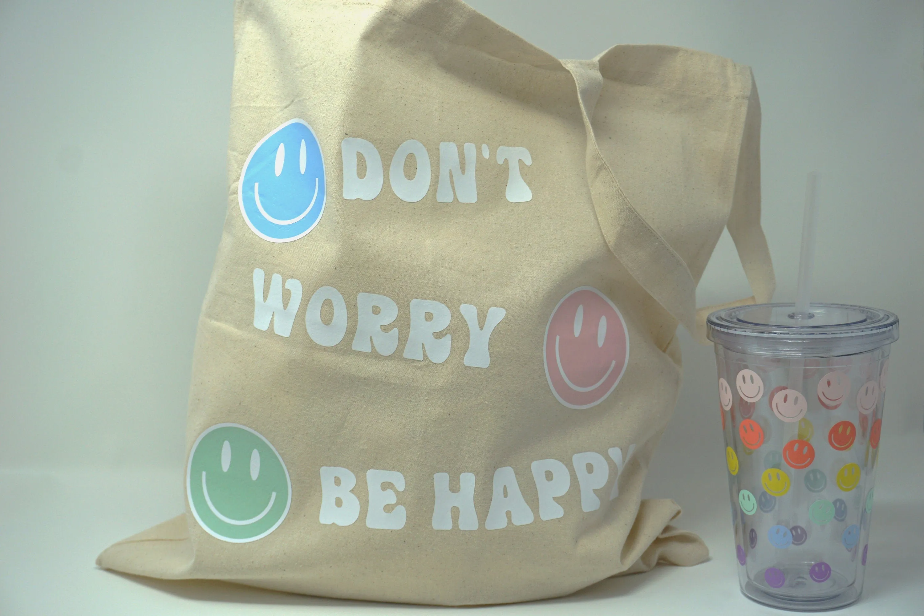 Don't Worry Be Happy Cotton Market Tote Bag