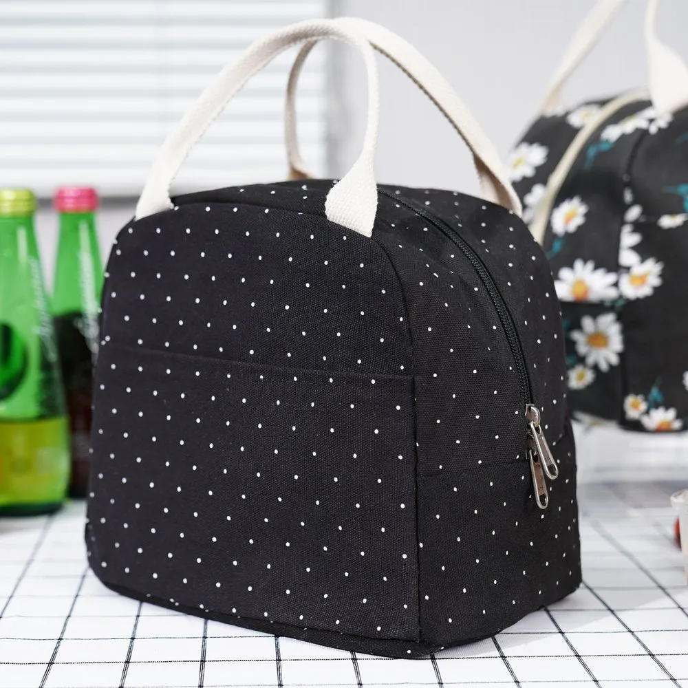 Lunch Bag for Girls, Reusable Insulated Tote Lunch Box for Women, Cooler & Thermal Lunch Bag for Work/ School/ Picnic/ Beach/ Fishing-Black Polka Dot