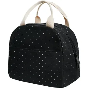 Lunch Bag for Girls, Reusable Insulated Tote Lunch Box for Women, Cooler & Thermal Lunch Bag for Work/ School/ Picnic/ Beach/ Fishing-Black Polka Dot