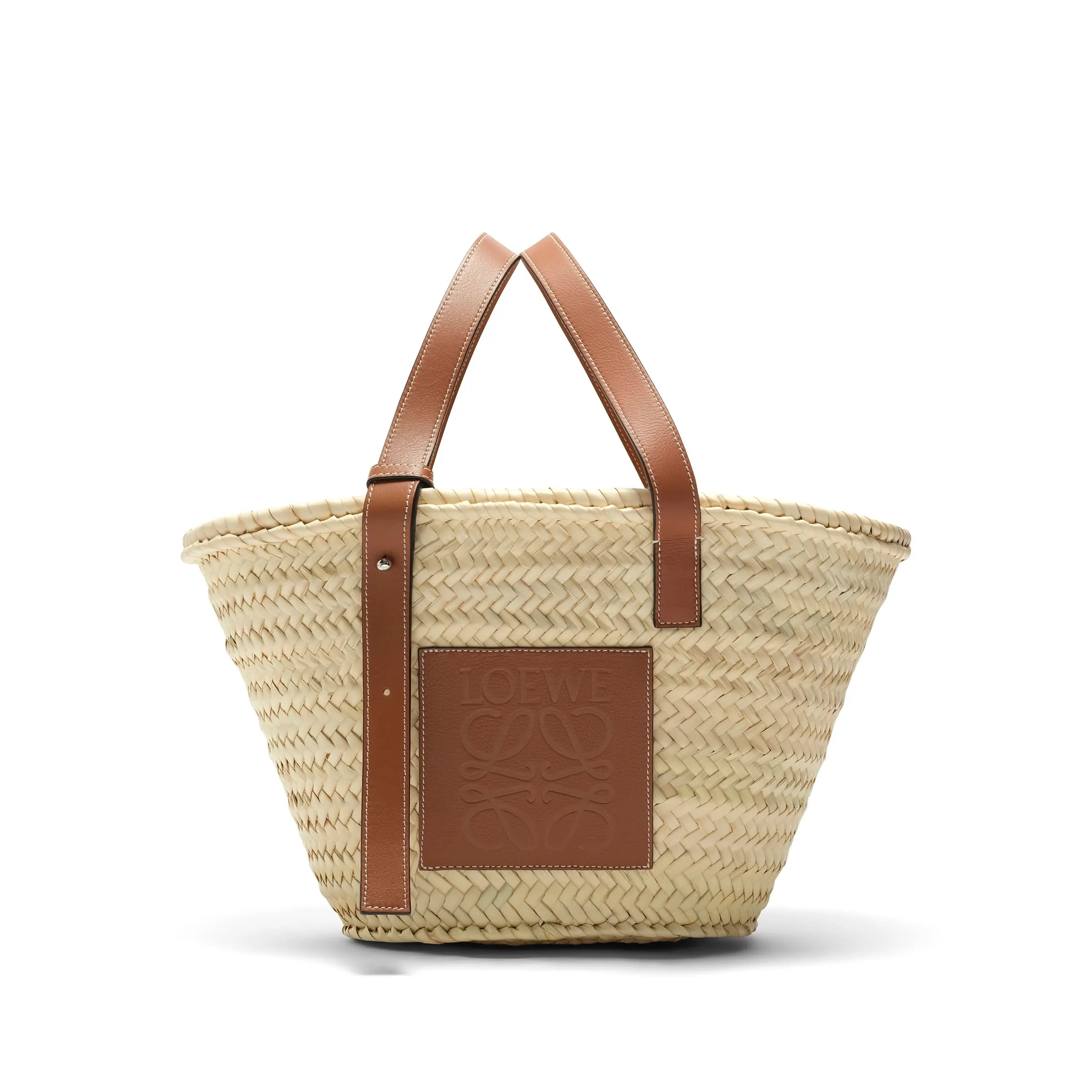 Medium Basket Bag in Palm Leaf and Calfskin in Natural/Tan