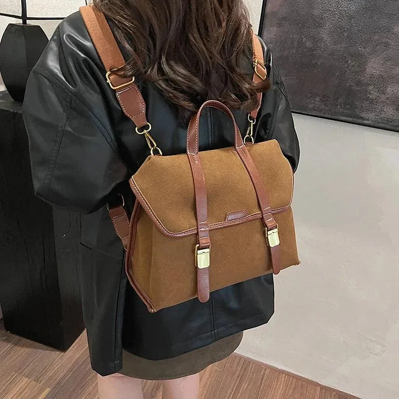 Nubuck Leather Women Satchel Bags Flap Push Lock Backpacks Soft Handbags