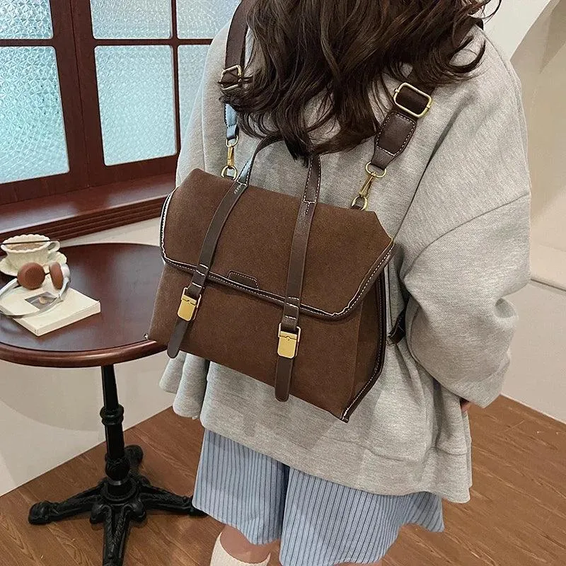 Nubuck Leather Women Satchel Bags Flap Push Lock Backpacks Soft Handbags