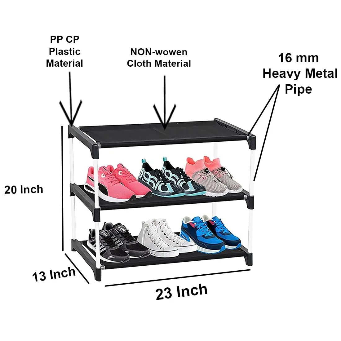 Rawzz 3 Layer Metal Plastic Rack for Multipurpose Use Books, Clothes, Shoes etc. (Black, 3 Shelves) (3 Layer)