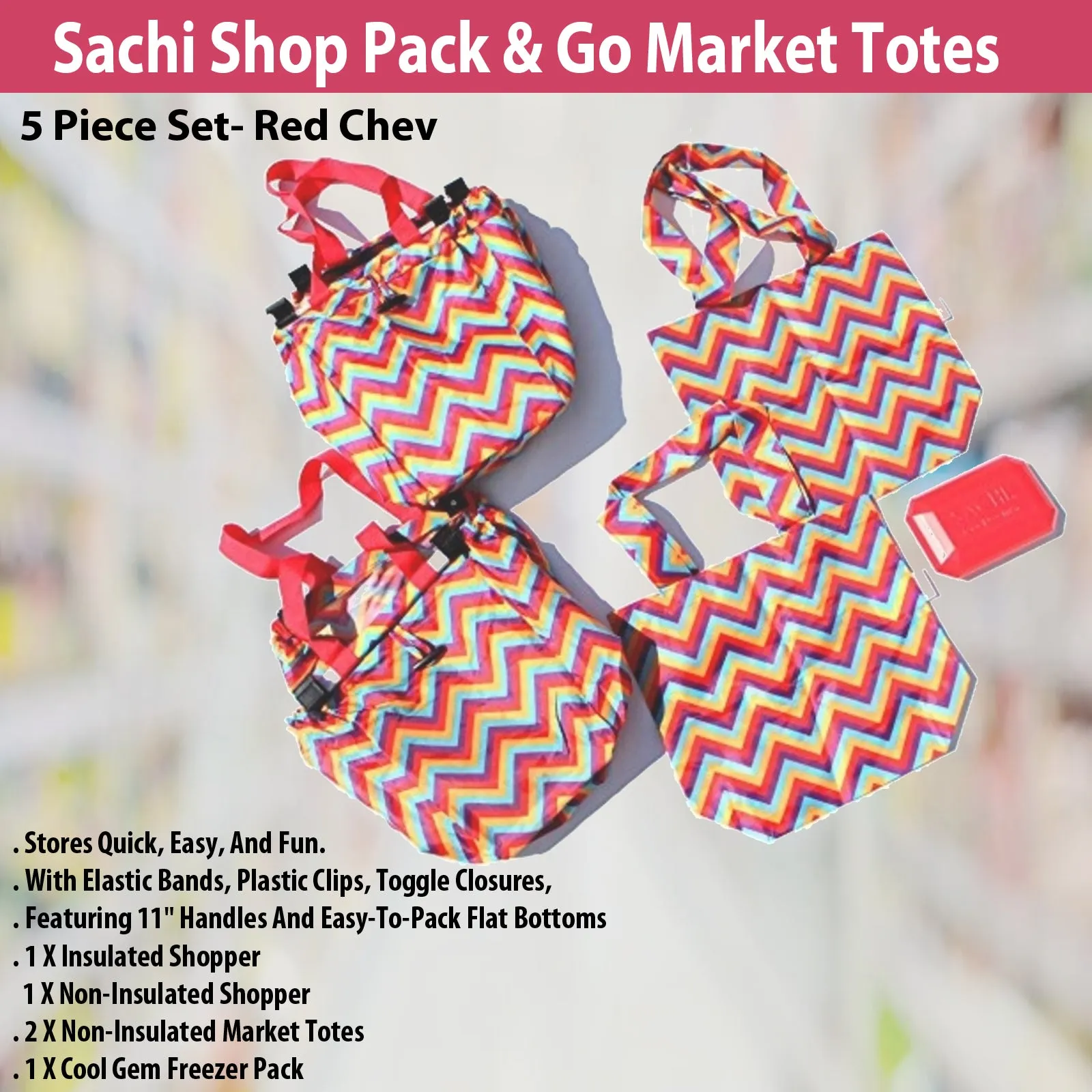 Sachi Shop Pack & Go Market Totes: 5-Piece Red Chevron Set