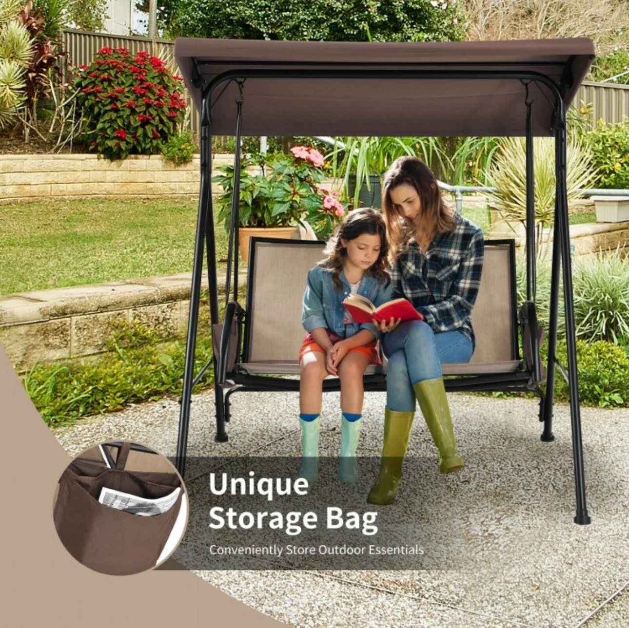 Super Relaxing 2 Person Patio Porch Swing With Adjustable Canopy Storage Pockets | Heavy Duty | Water Resistant