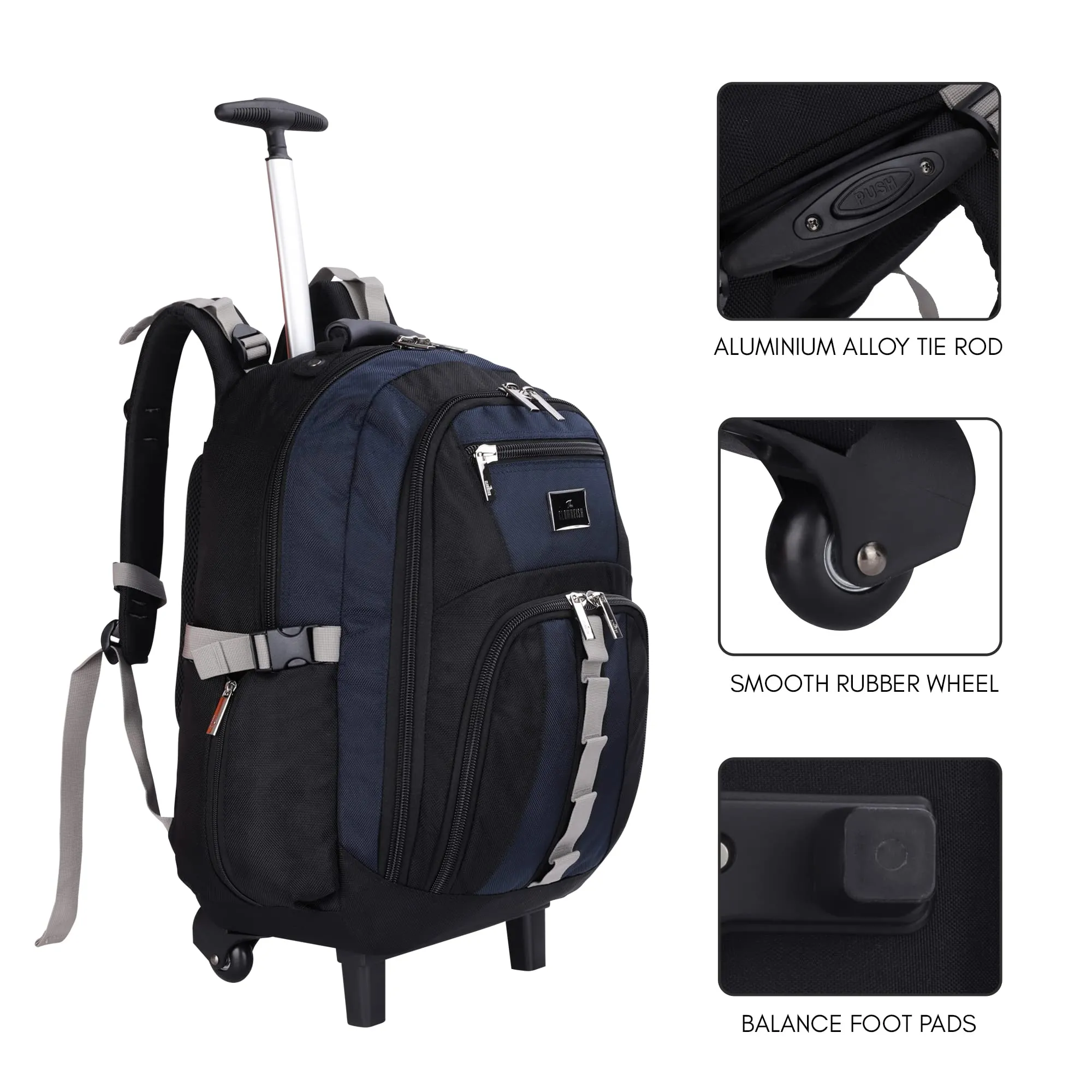 THE CLOWNFISH Tramp 33 Litre Water Resistant Polyester Two Wheel Laptop Trolley Backpack (Navy Blue- Size 48 Cm)