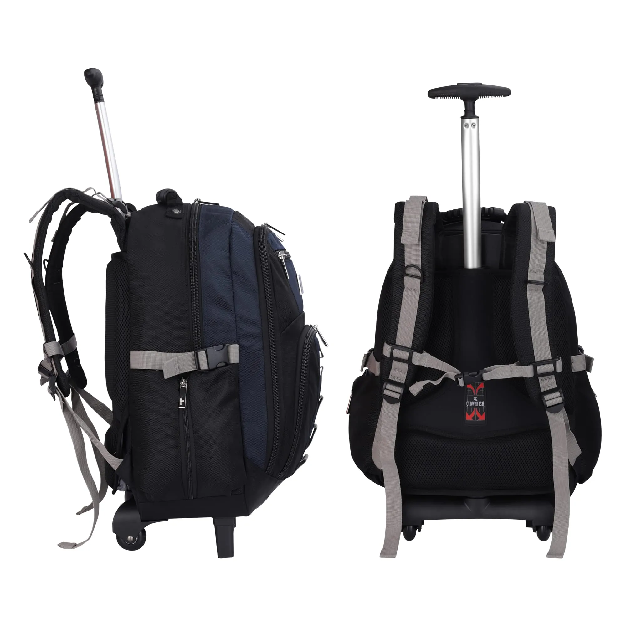 THE CLOWNFISH Tramp 33 Litre Water Resistant Polyester Two Wheel Laptop Trolley Backpack (Navy Blue- Size 48 Cm)