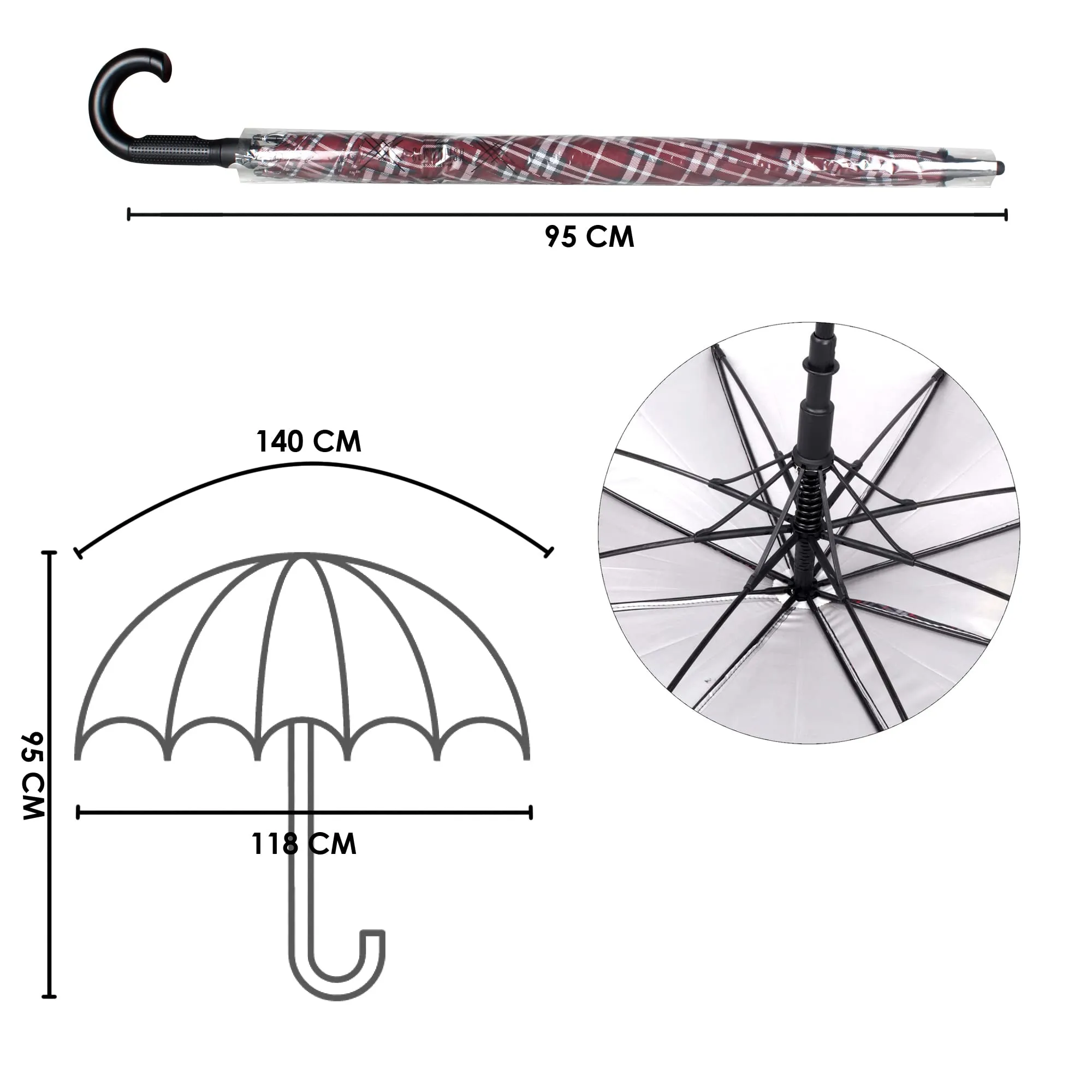 THE CLOWNFISH Umbrella Crescenta Series Single Fold Auto Open J- shape Handle Waterproof Taffeta Polyester 190 T Umbrellas For Men and Women (Checks Design-Red)