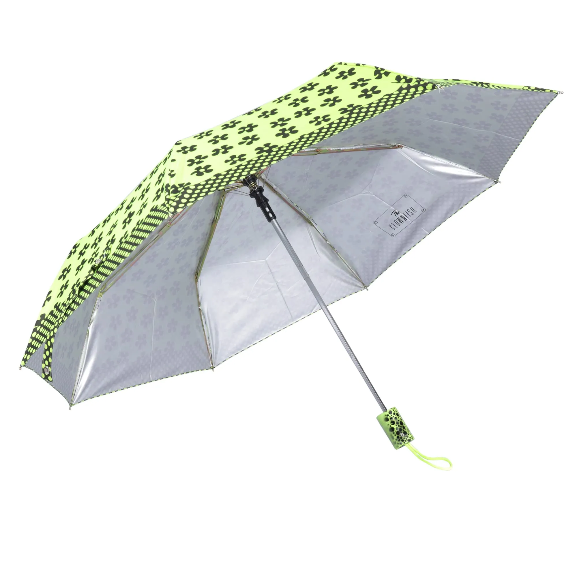 THE CLOWNFISH Umbrella Savior Series 3 Fold Auto Open Waterproof 190 T Polyester Double Coated Silver Lined Umbrellas For Men and Women (Flower Design- Parrot Green)