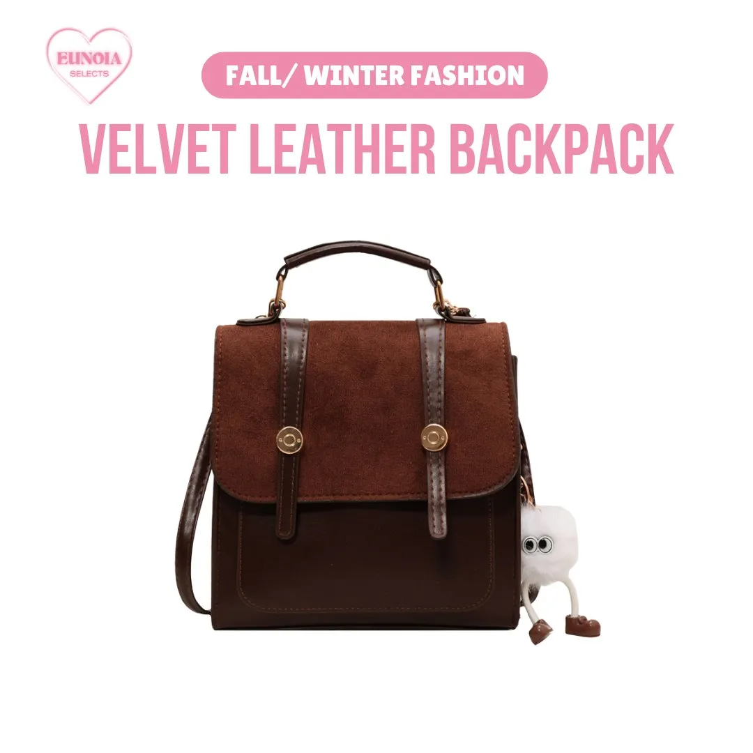 VIVI Vintage Style Velvet Leather Backpack - Spacious Fall/ Winter Fashion Essential